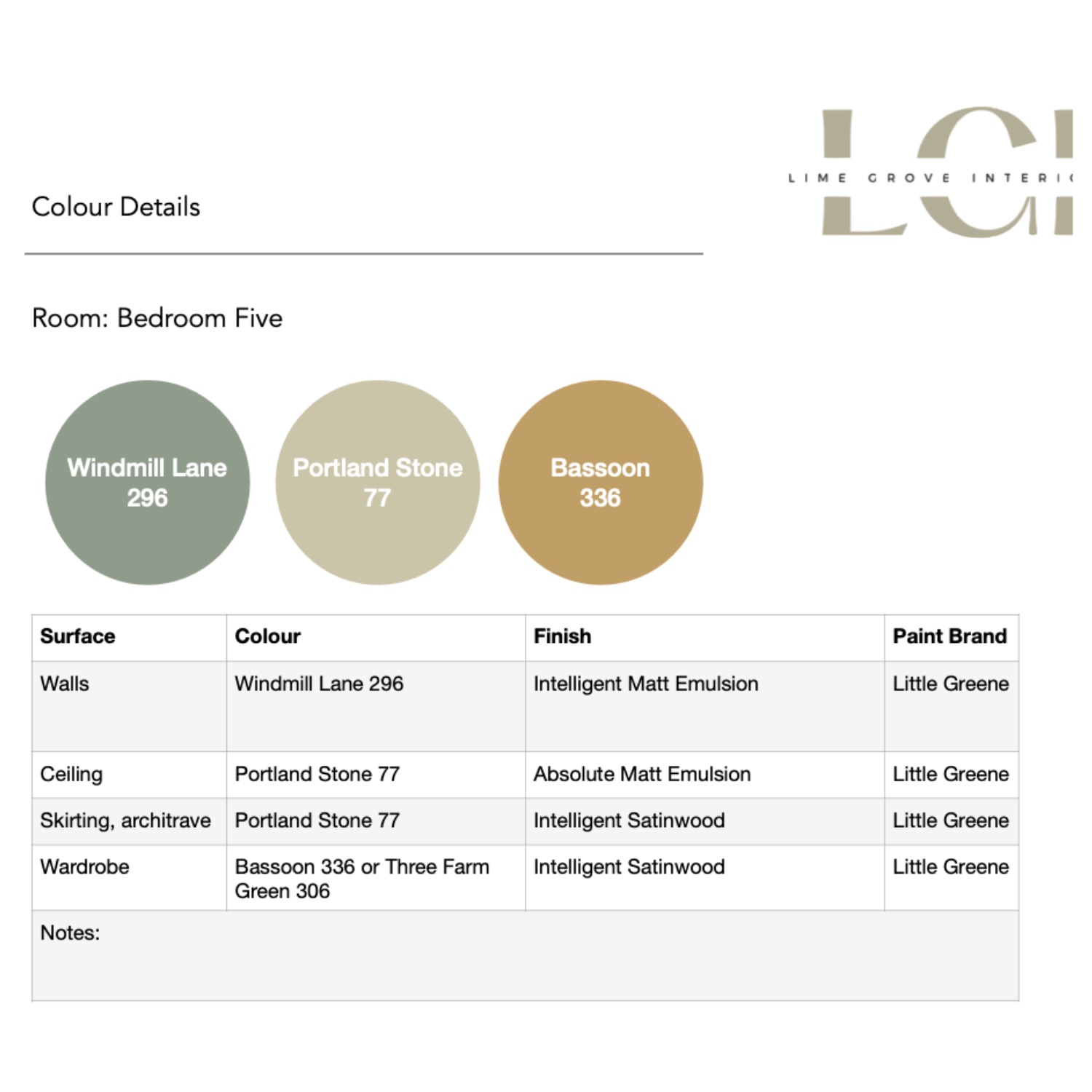 A completed Lime Grove Interiors colour specification.