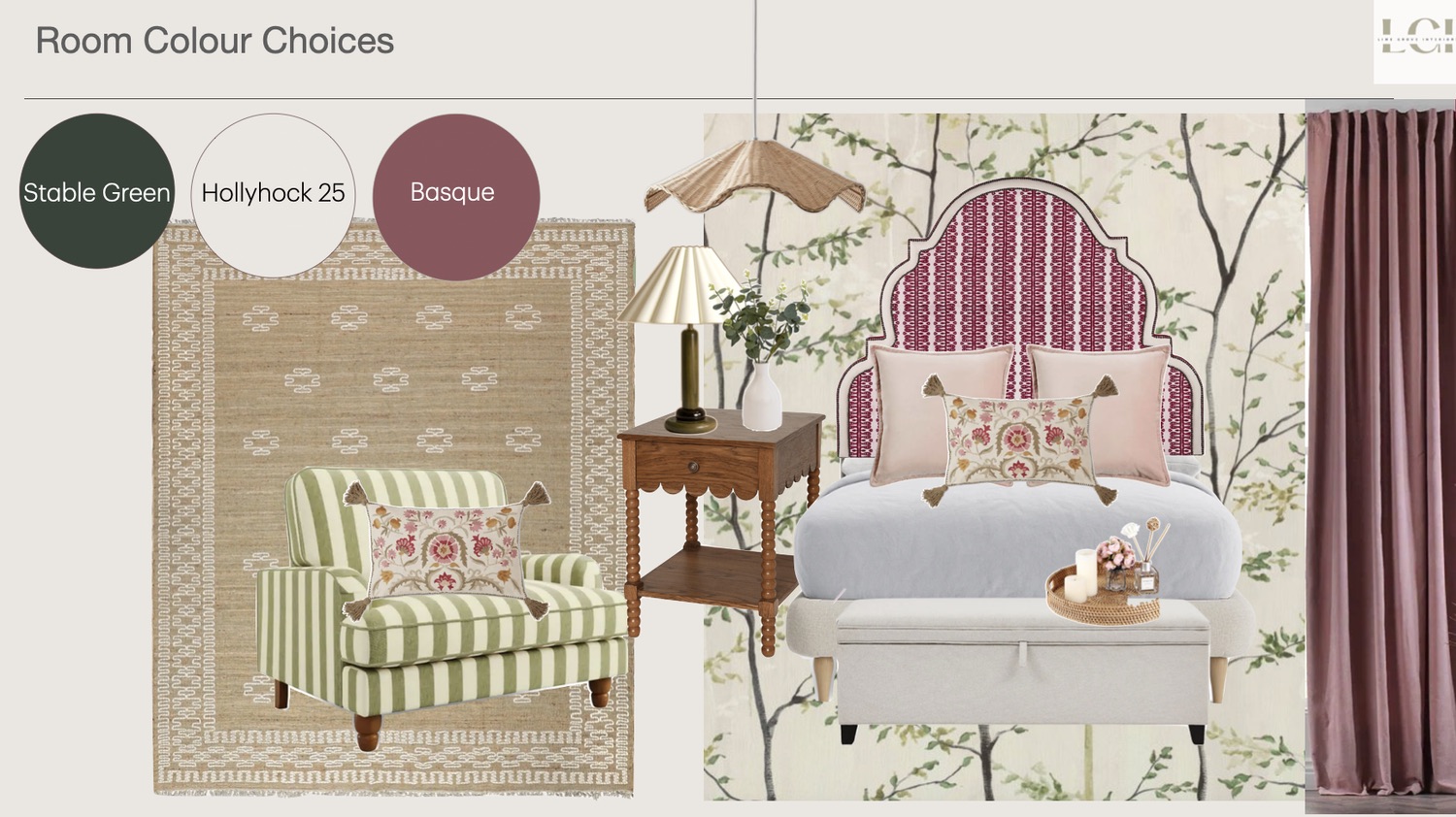 A colourful bedroom concept board developed by Lime Grove Interiors.