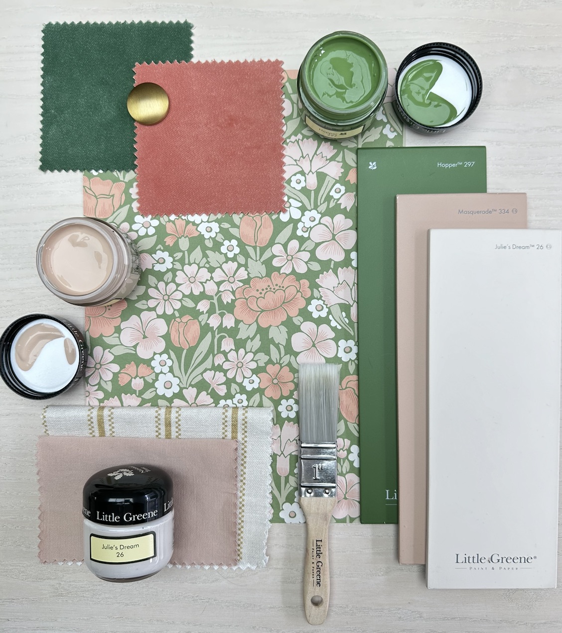 A layered palette of botanical wallpaper, fabric, paint and decorative finishes.